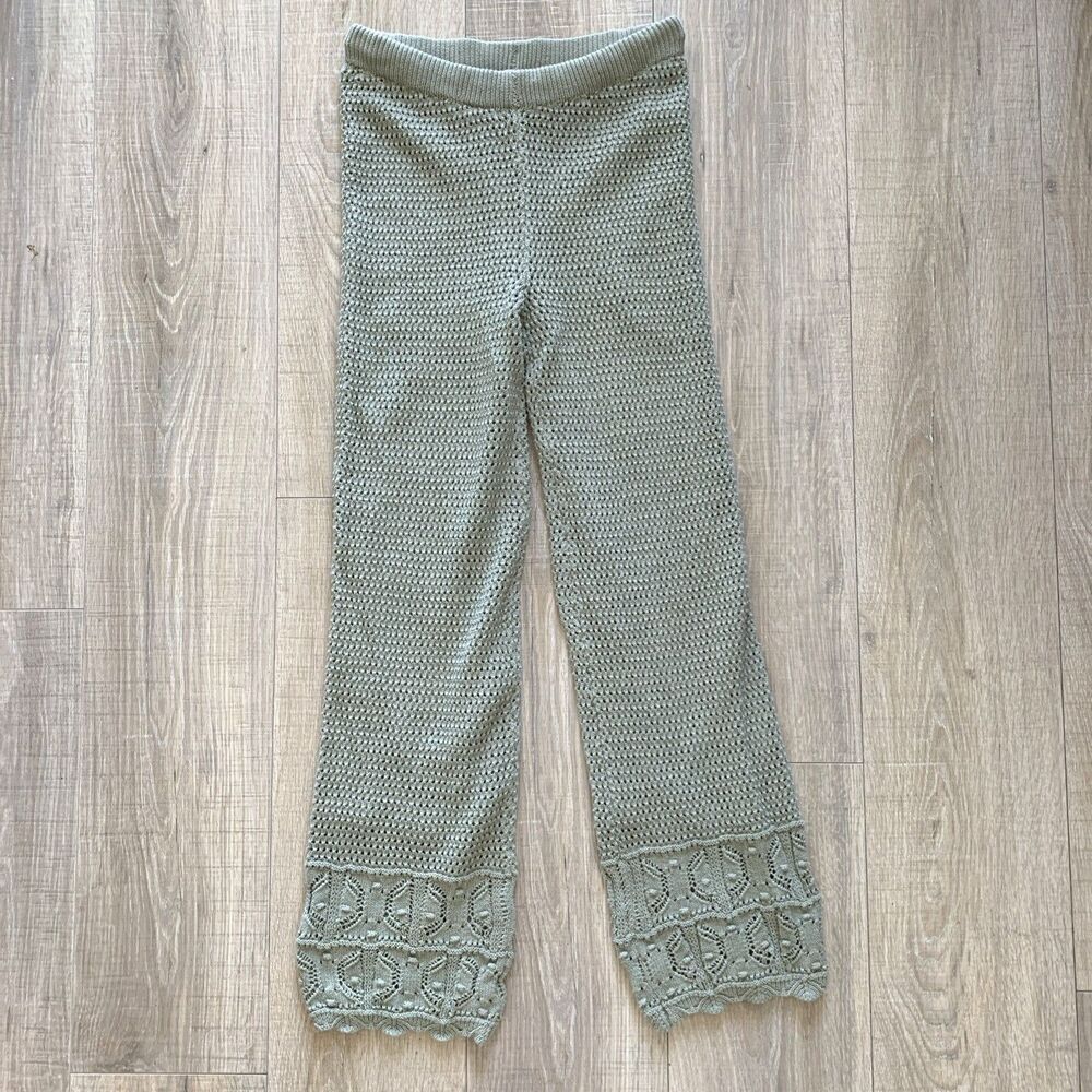Pink Rose Knit Sweater Crochet Lined Pull On Pants Green Womens Size Small S